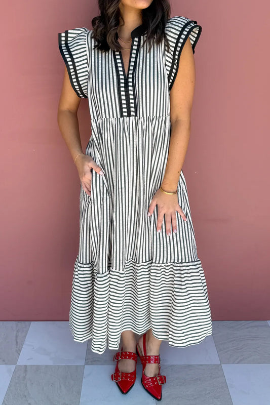 Black Stripe Plus Size Slit V Neck Tiered Flutter Sleeve Maxi Dress