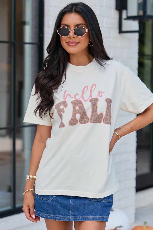 Hello Fall Leopard Ivory Graphic Tee