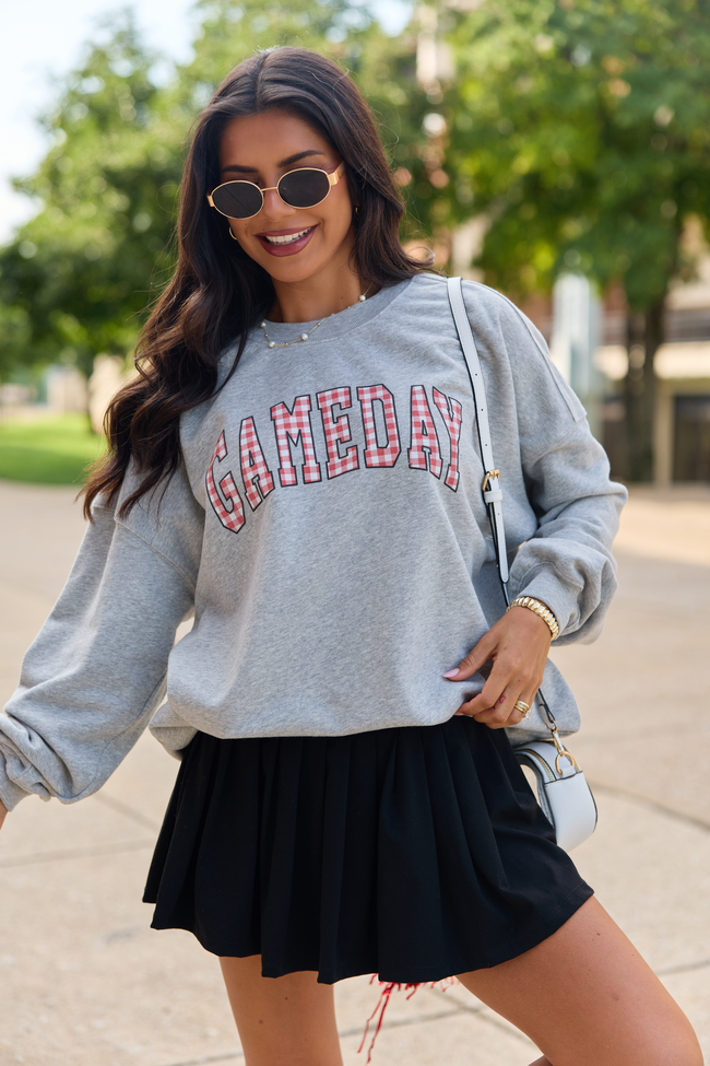Gameday Red Gingham Light Grey Graphic Sweatshirt