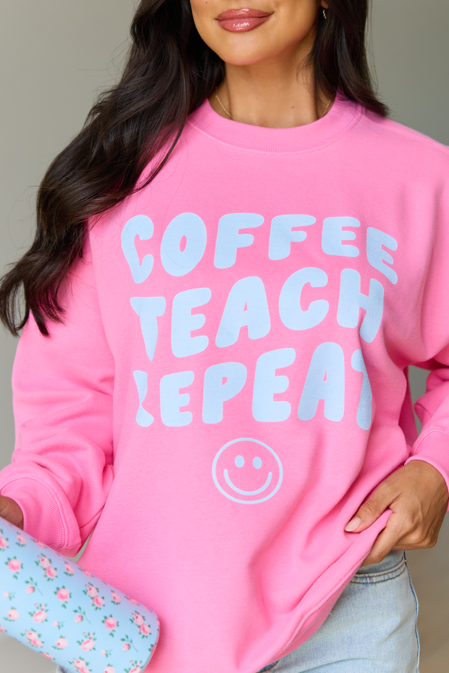 Coffee Teach Repeat Smiley Pink Graphic Sweatshirt