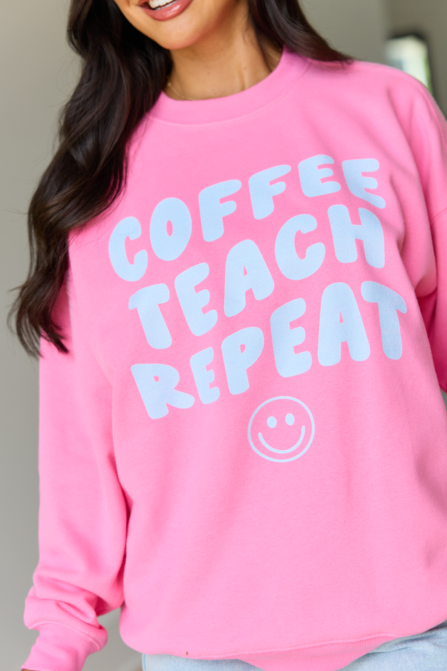 Coffee Teach Repeat Smiley Pink Graphic Sweatshirt