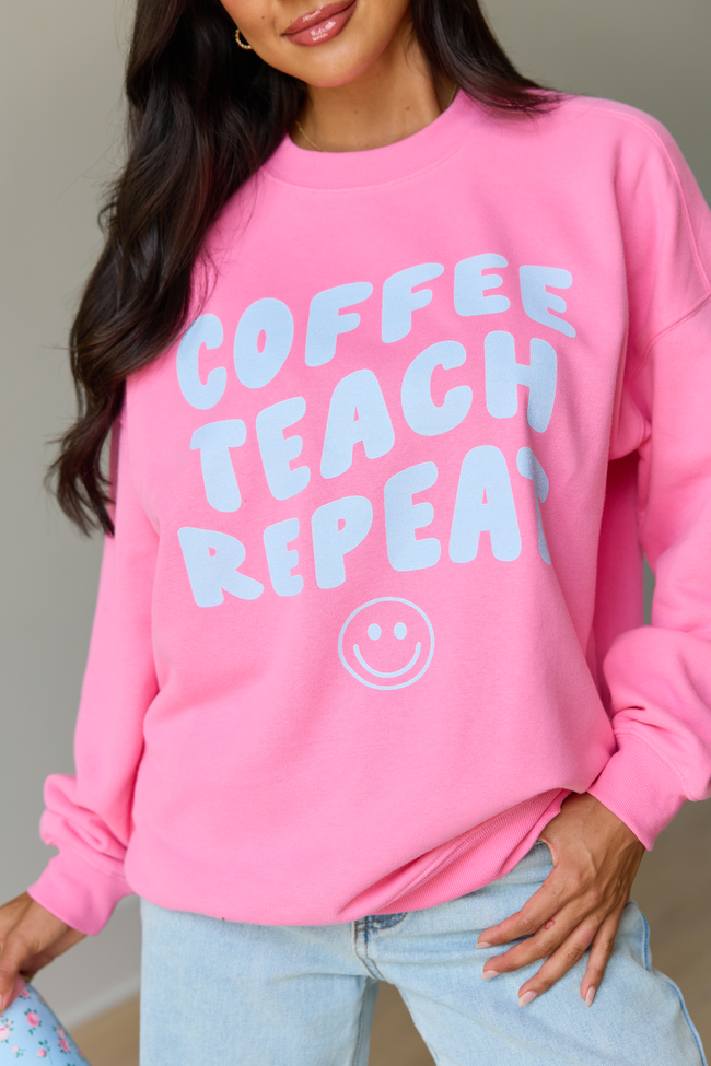 Coffee Teach Repeat Smiley Pink Graphic Sweatshirt
