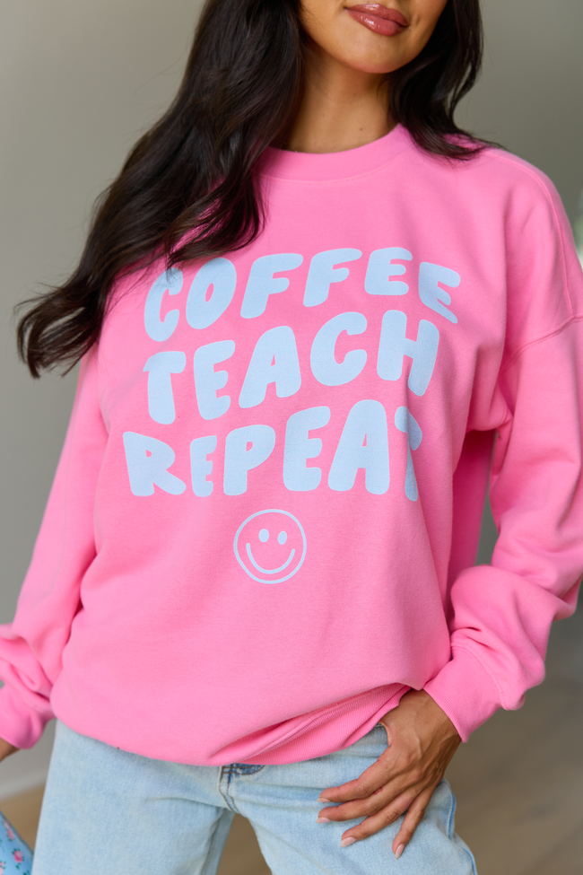 Coffee Teach Repeat Smiley Pink Graphic Sweatshirt