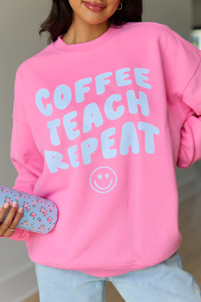 Coffee Teach Repeat Smiley Pink Graphic Sweatshirt