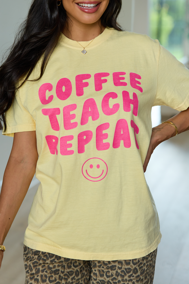 Coffee Teach Repeat Smiley Yellow Graphic Tee