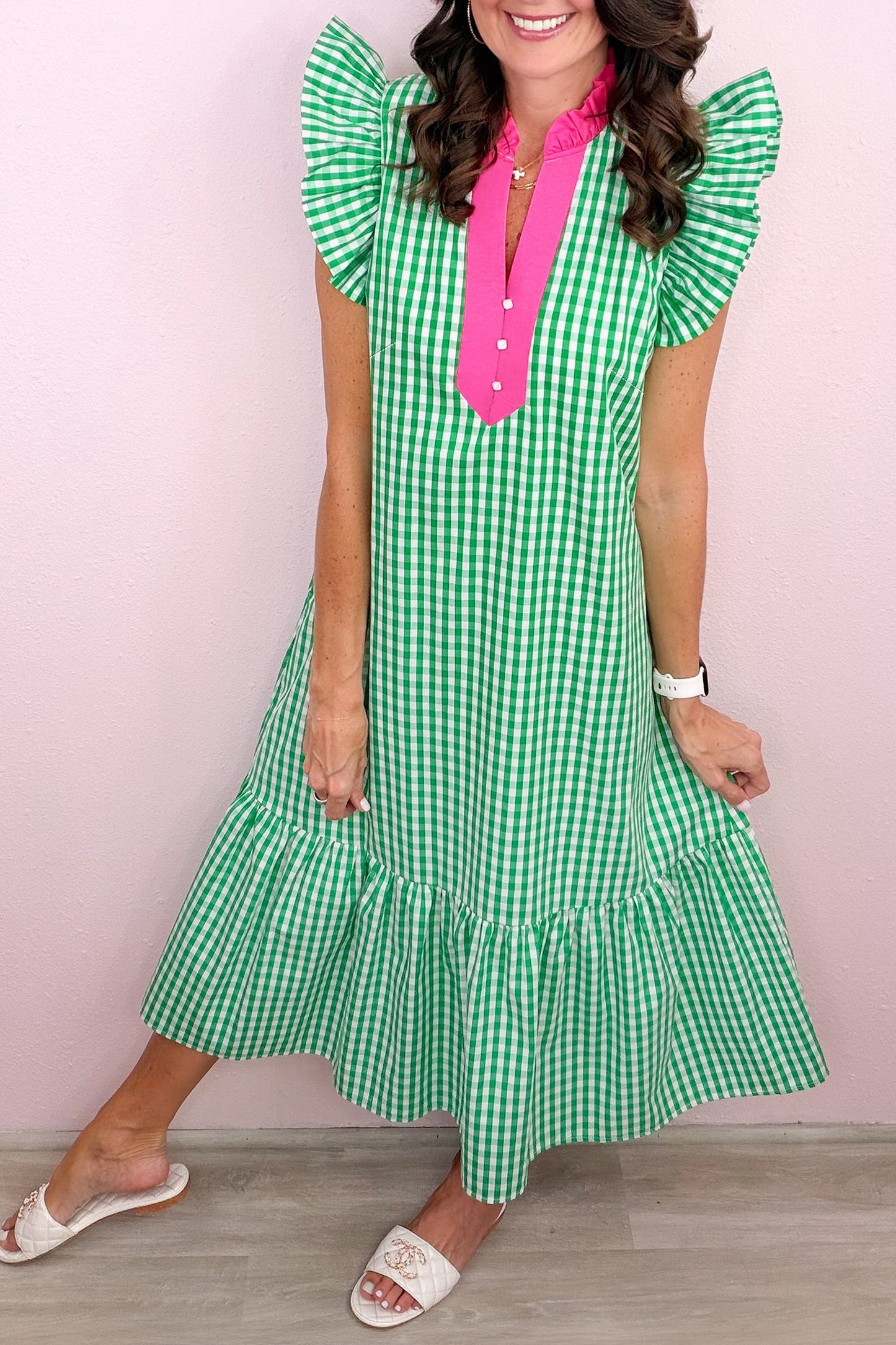 Bright Green Summer Color-Blocked Plaid Pattern Midi Dress
