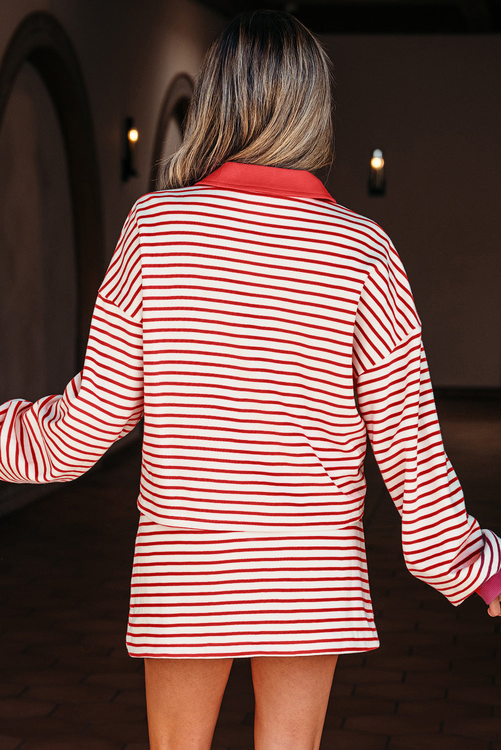 Green Stripe Collared V Neck Drop Shoulder Pullover and Skort 2pcs Outfit