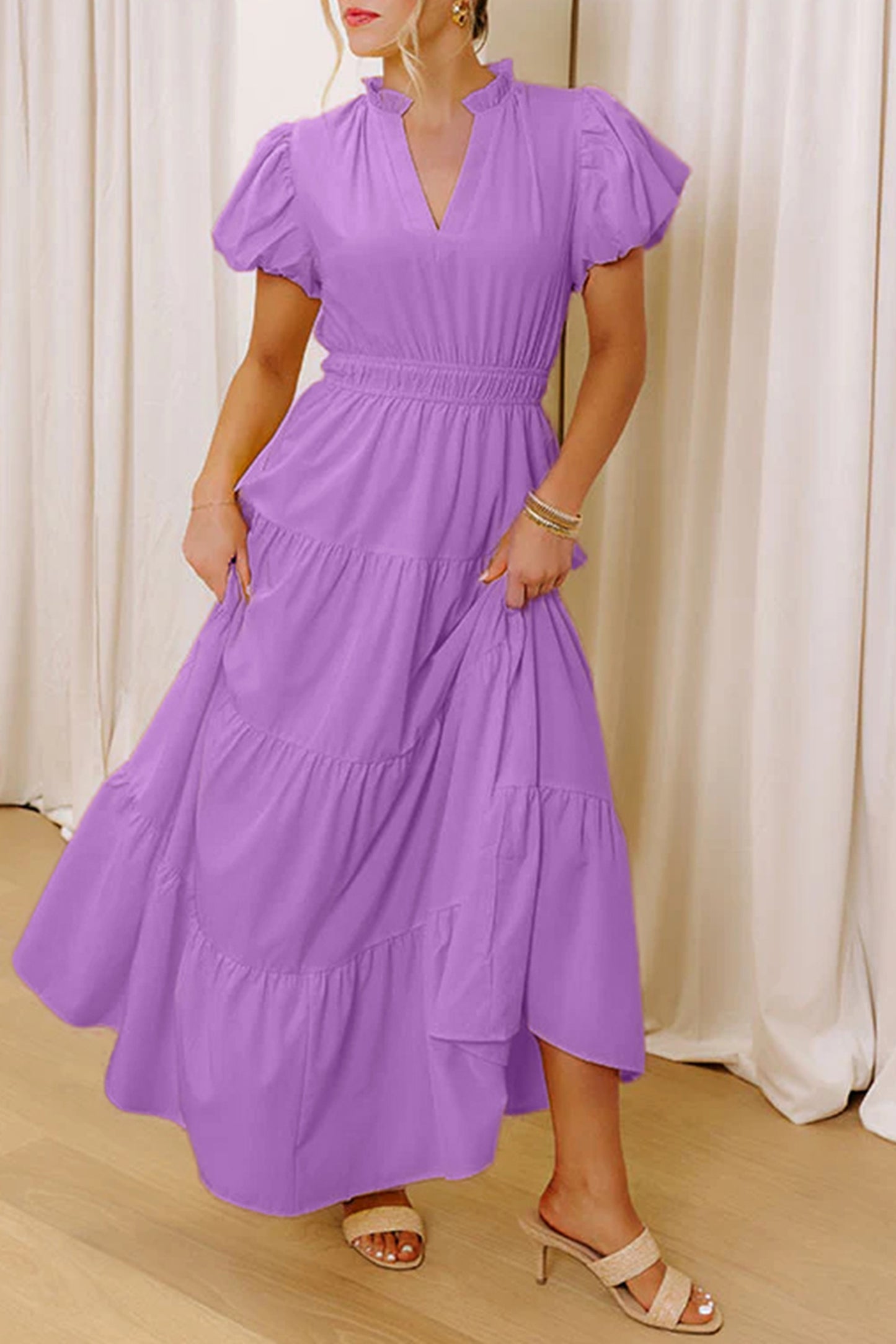 Bright Green Solid Color V Neck Short Puff Sleeve High Waist Tiered Maxi Dress