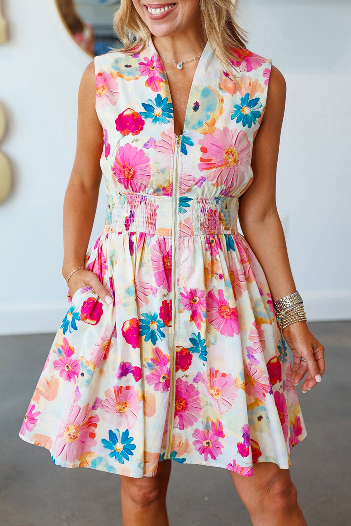 Floral Print V Neck Zip Up Smocked Waist Flared Mini Dress
