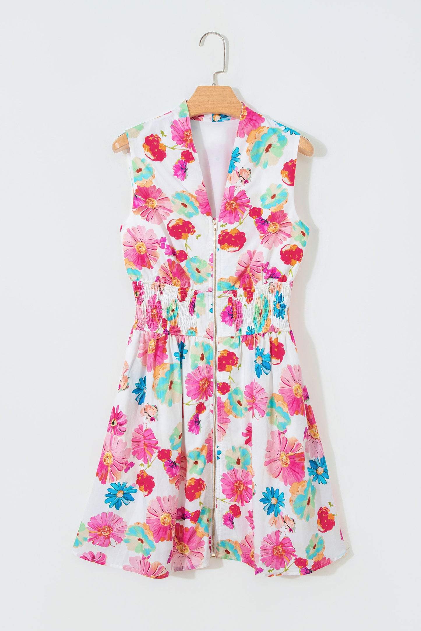 Floral Print V Neck Zip Up Smocked Waist Flared Mini Dress