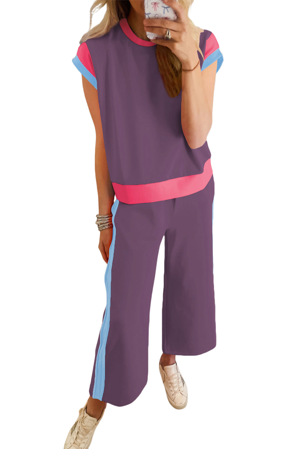 Sky Blue Color Block Detail Casual Two-piece Outfit
