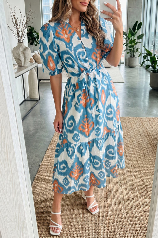 Sky Blue Boho Floral Print Short Puff Sleeve Button Down Ruffle Hem Midi Dress