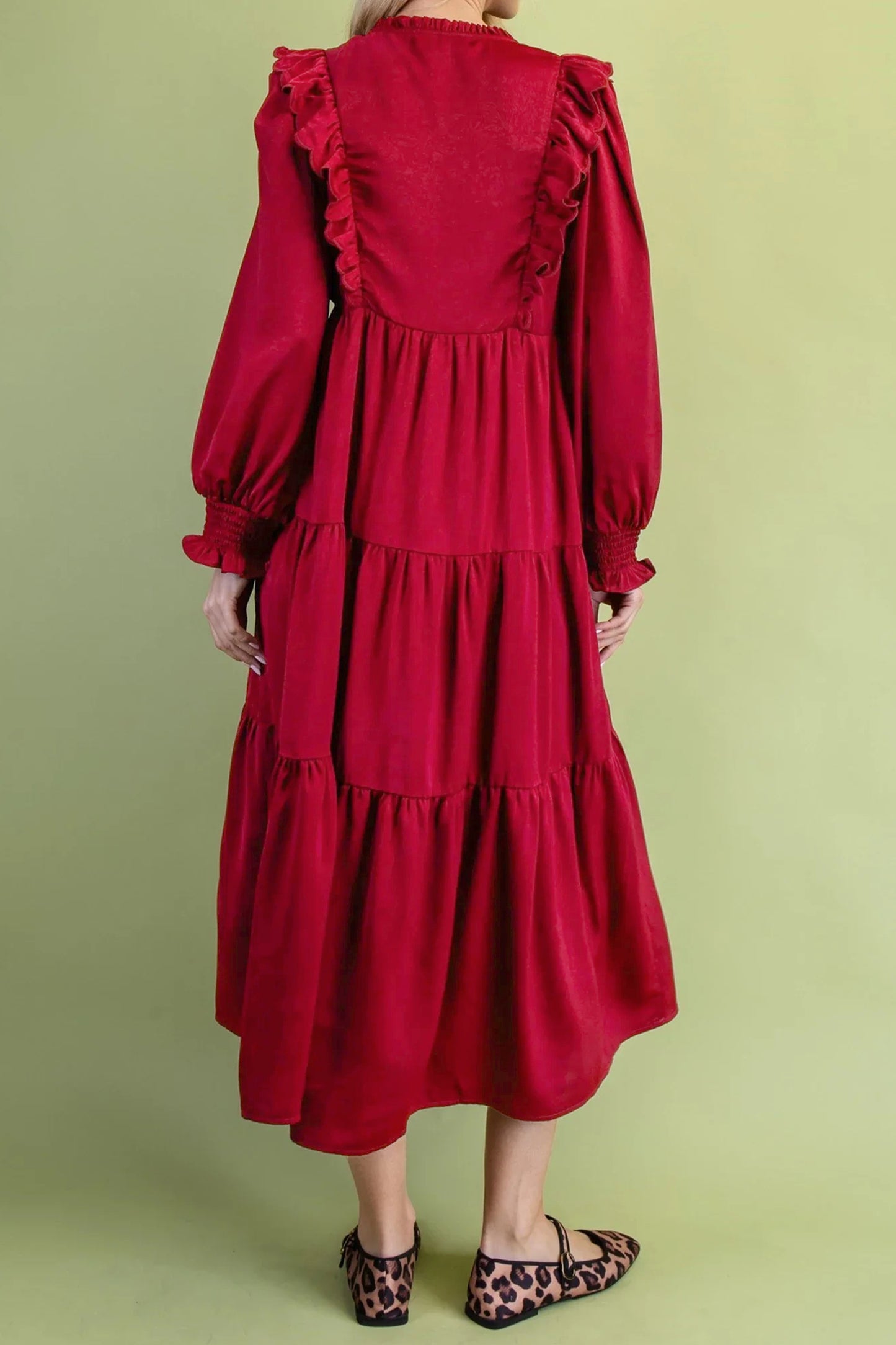 Ruffle Trim Long Sleeve Tiered Shift Midi Dress