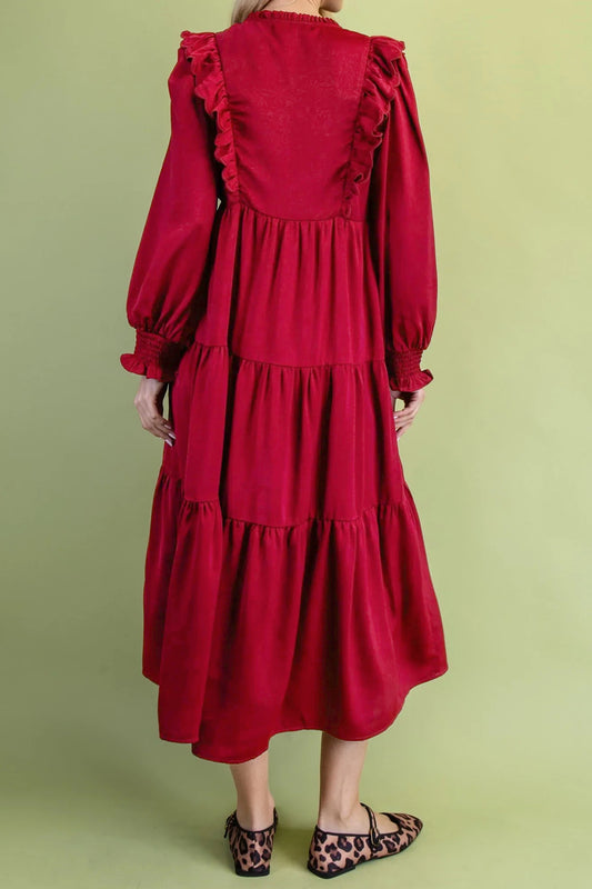 Ruffle Trim Long Sleeve Tiered Shift Midi Dress