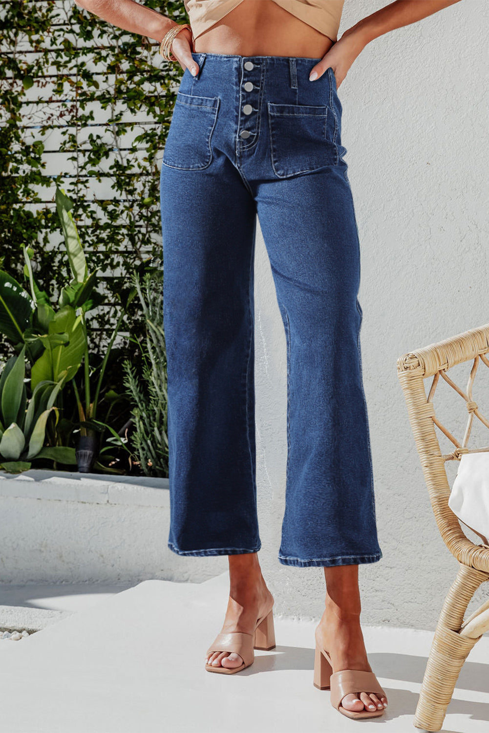 High Waist Button Front Wide Leg Cropped Jeans