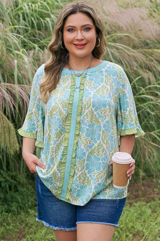 Sky Blue Plus Size Floral Print Frilled Color Block Trim Short Sleeve Blouse