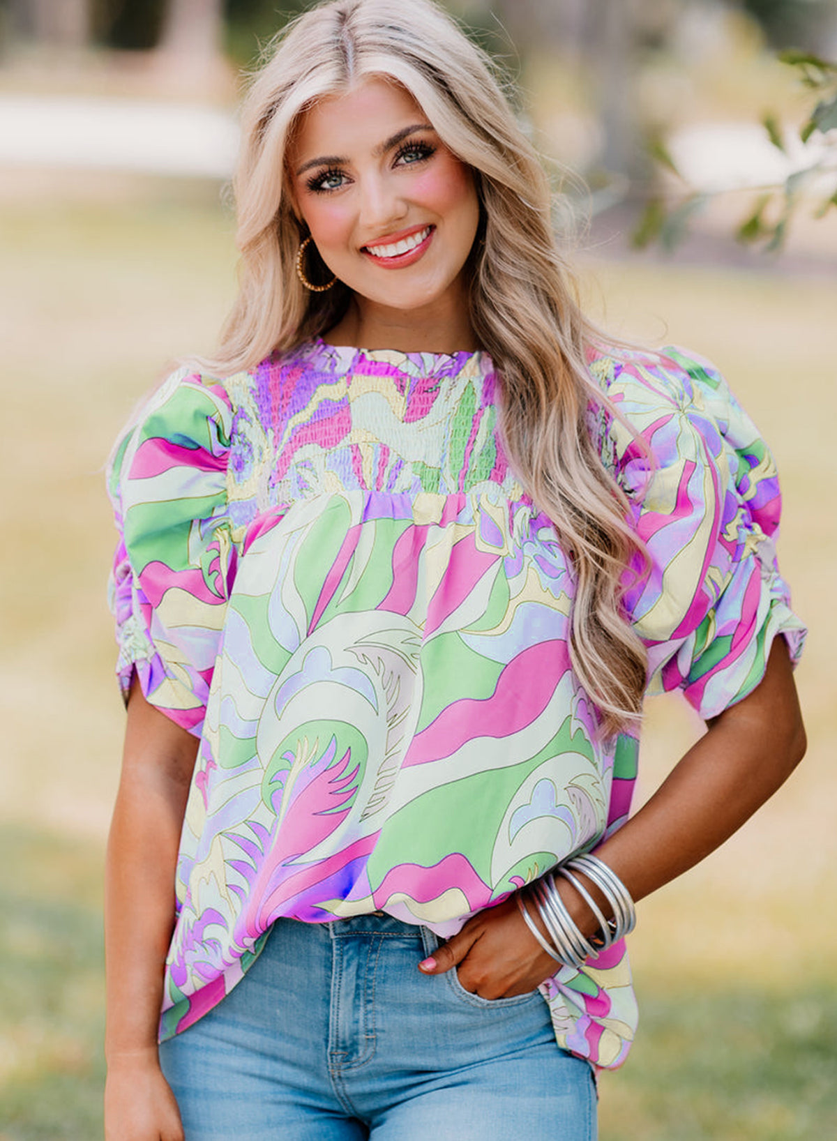 Abstract Print Bubble Sleeve Smock Detail Blouse