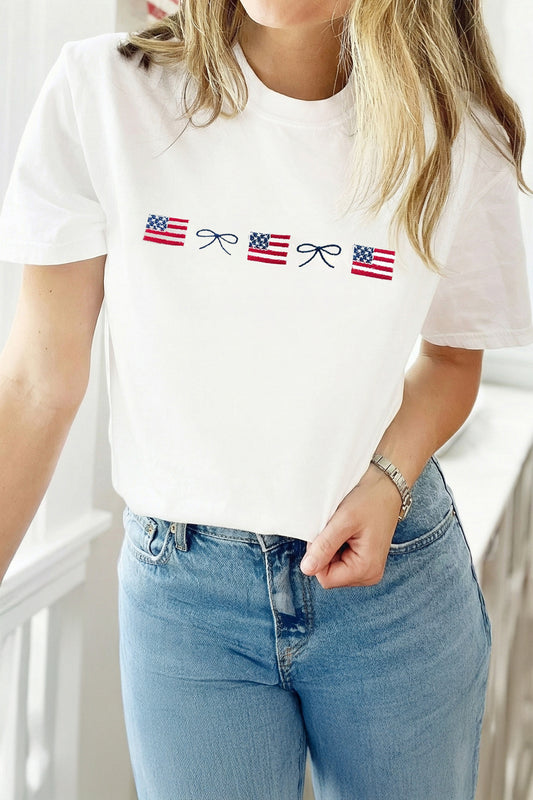 White Embroidered Flag Bow Short Sleeve Casual T-Shirt