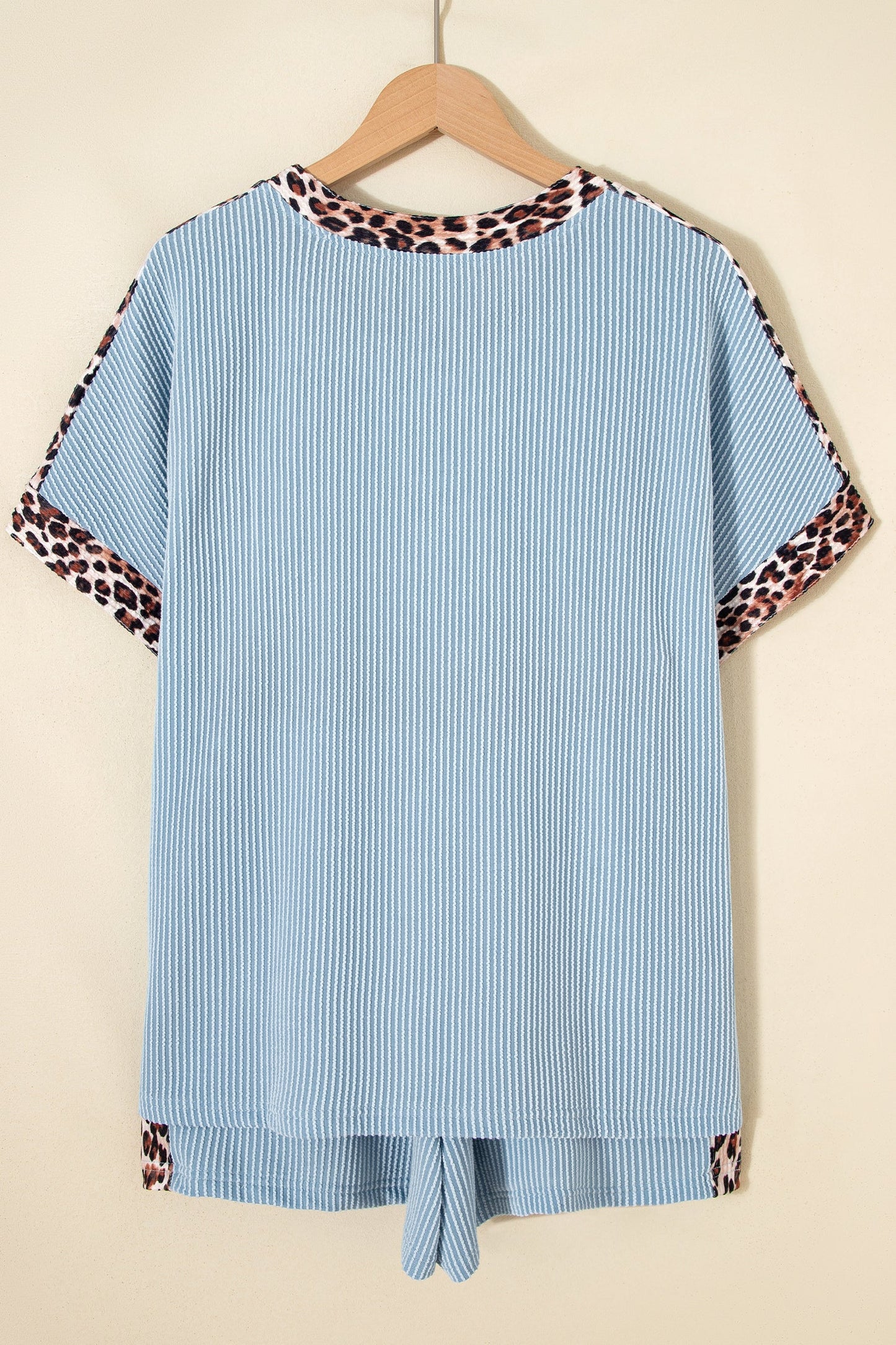 Sky Blue Leopard Trim Ribbed Short Set
