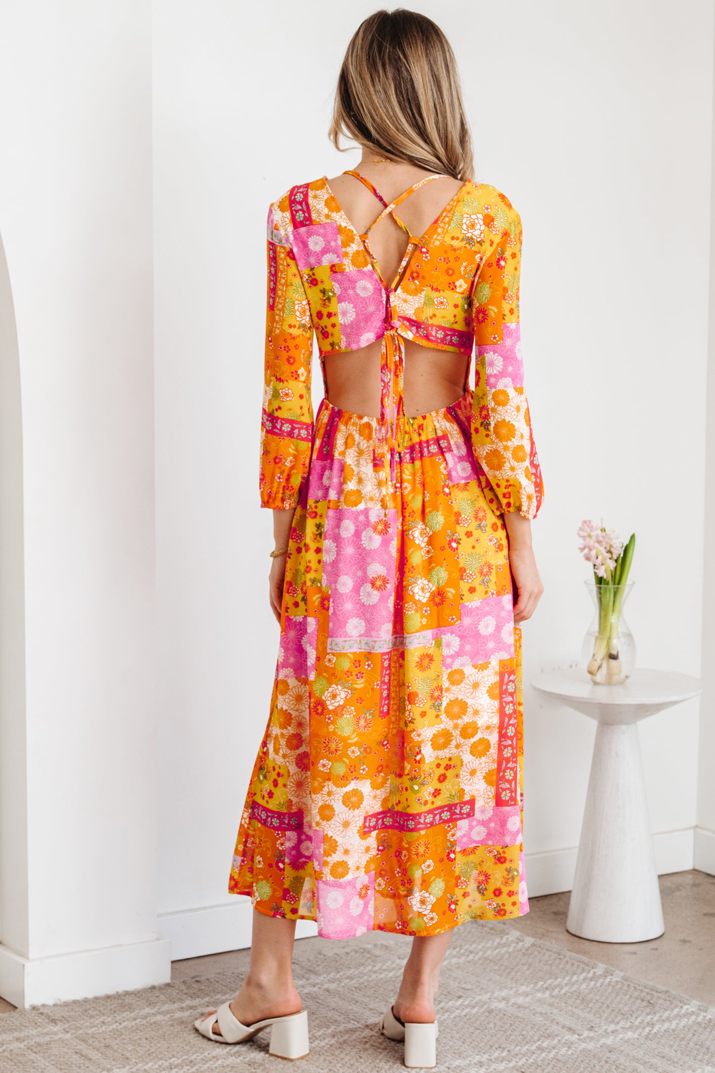 Orange Floral Patchwork Print Cut out Tied Back Bracelet Sleeve Maxi Dress