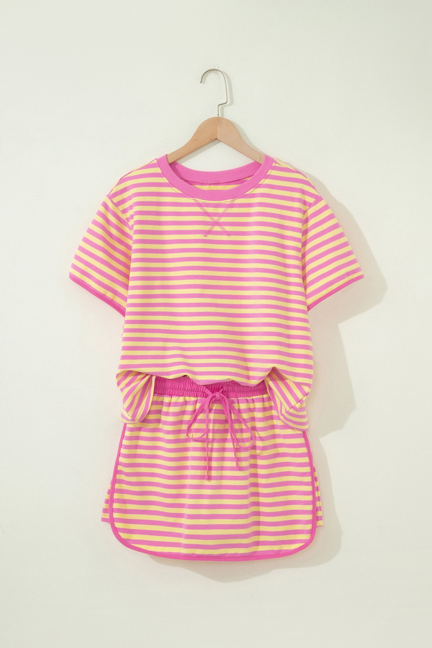 Blue Stripe Relaxed Short Sleeve Top Elastic Waist Drawstring Skort 2pcs Set