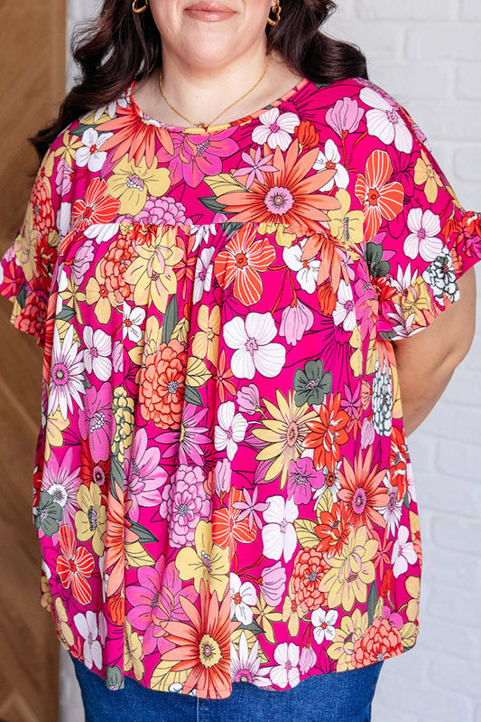 Floral Print Ruffle Short Sleeve Blouse