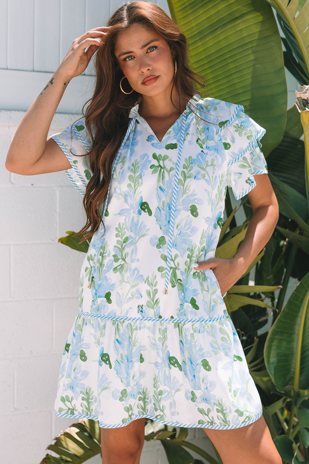 Floral Contrast Edge Layered Short Sleeve Mini Dress