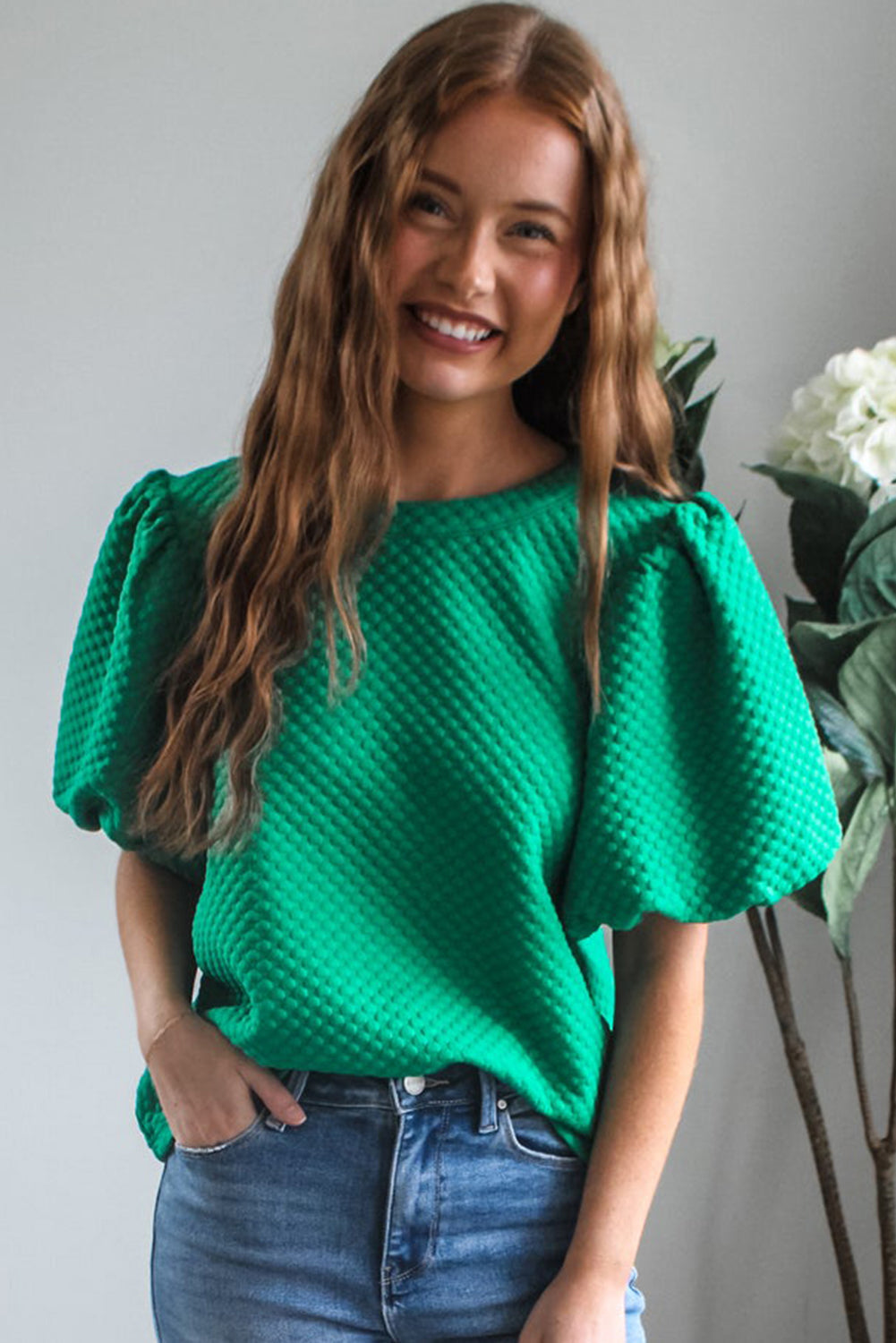 Sea Green Textured Puff Sleeve Blouse