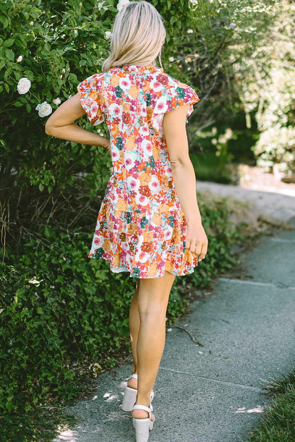 Floral Print Flutter Sleeve Dress