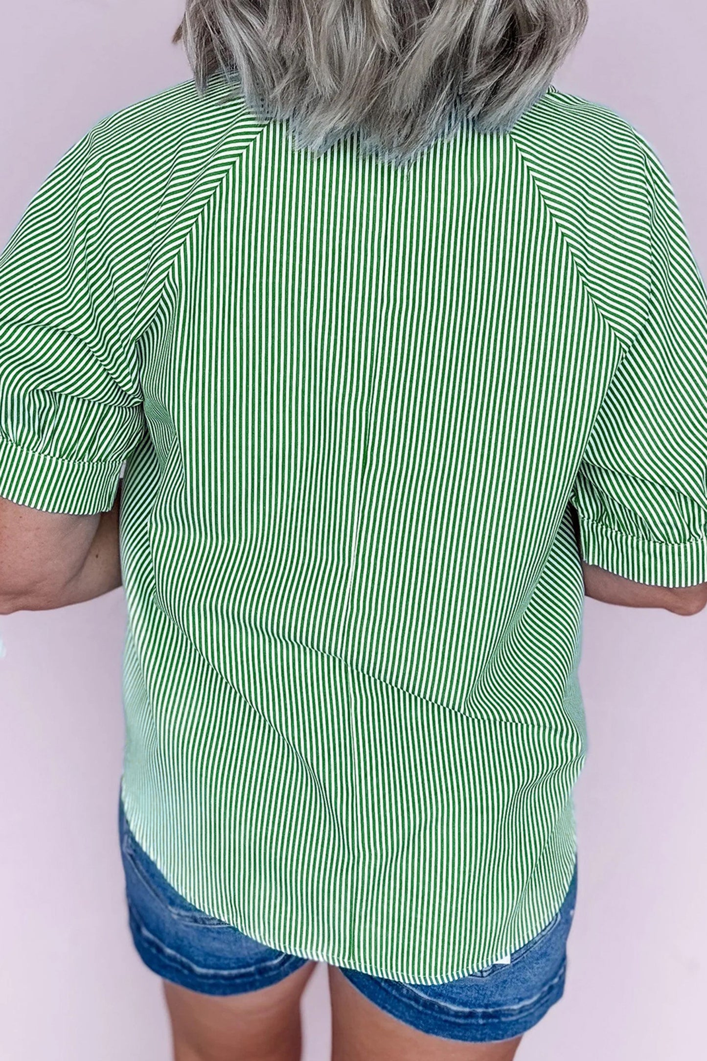 Striped Print Collared Split Neck Half Sleeve Blouse