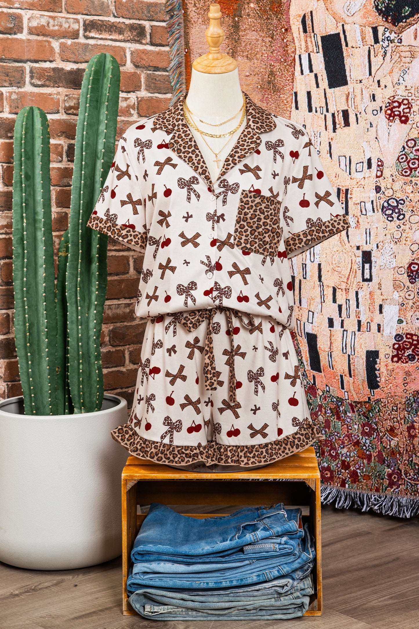 Cherry Printed Leopard Contrast  PJ Set