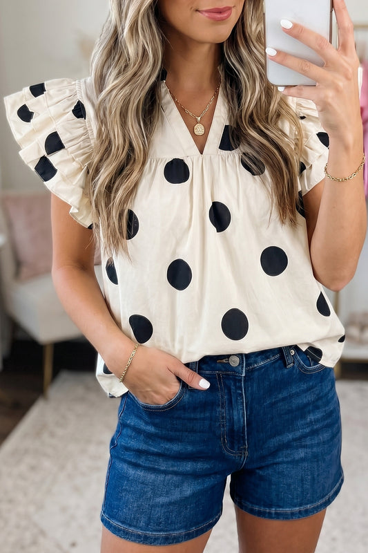 Polka Dot V-Neck Ruffle Short Sleeve Shift Blouse