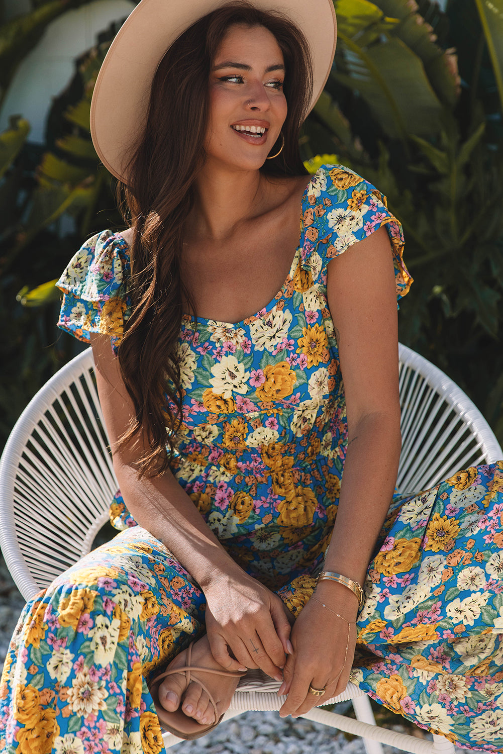 Floral Print Shirred High Waist Jumpsuit