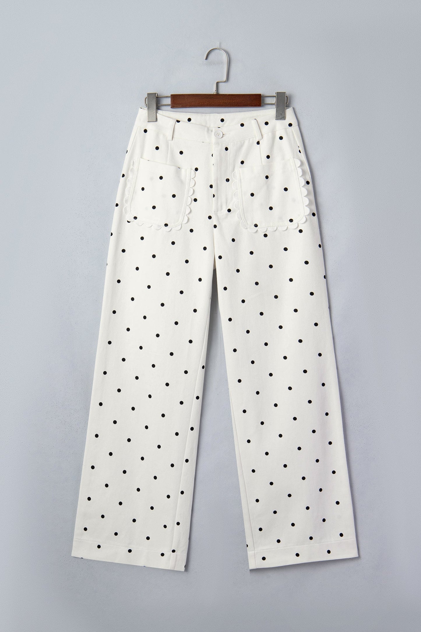 White Polka Dot Print Scalloped Patch Pocket Cotton Shift Pants