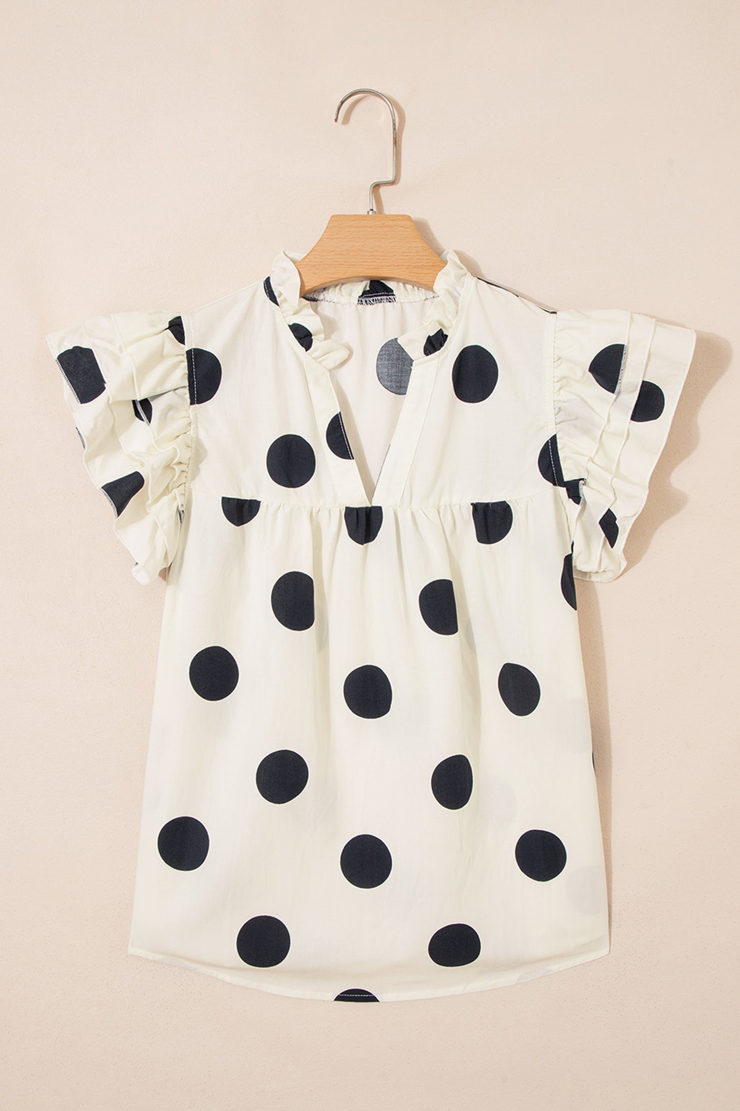Polka Dot V-Neck Ruffle Short Sleeve Shift Blouse