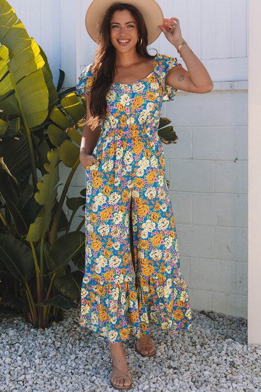 Floral Print Shirred High Waist Jumpsuit
