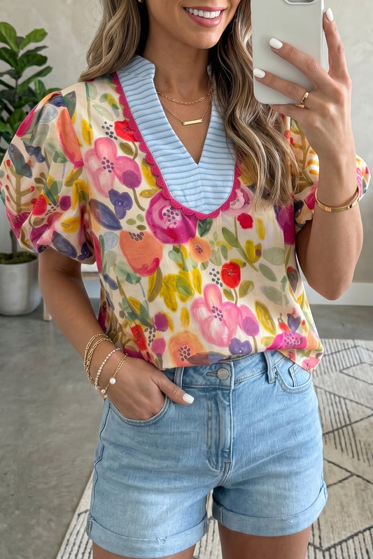 Floral Print V Neck Short Puff Sleeve Cotton Blouse