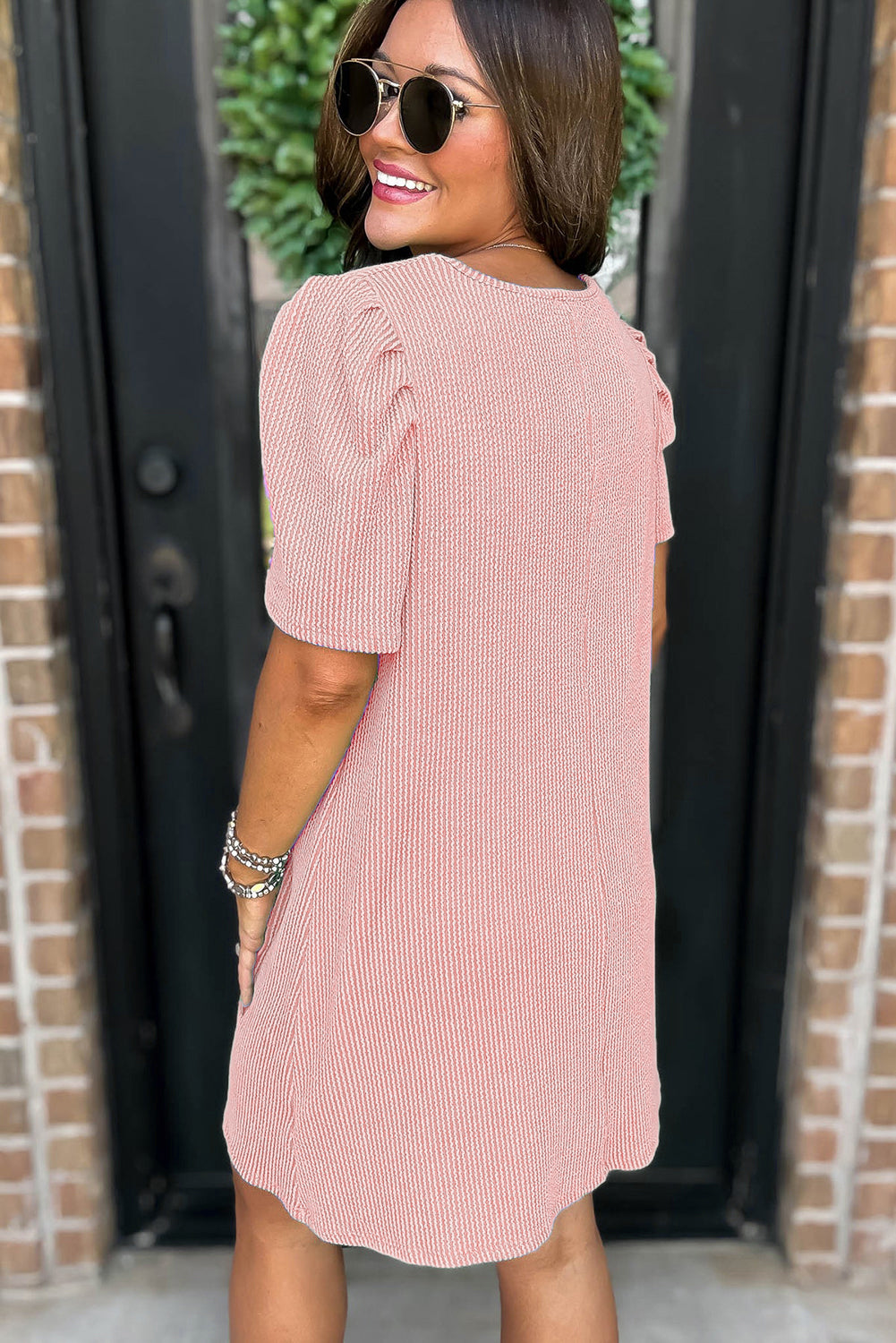 Corded Knit Crew Neck Puff Sleeve Shift Mini Dress