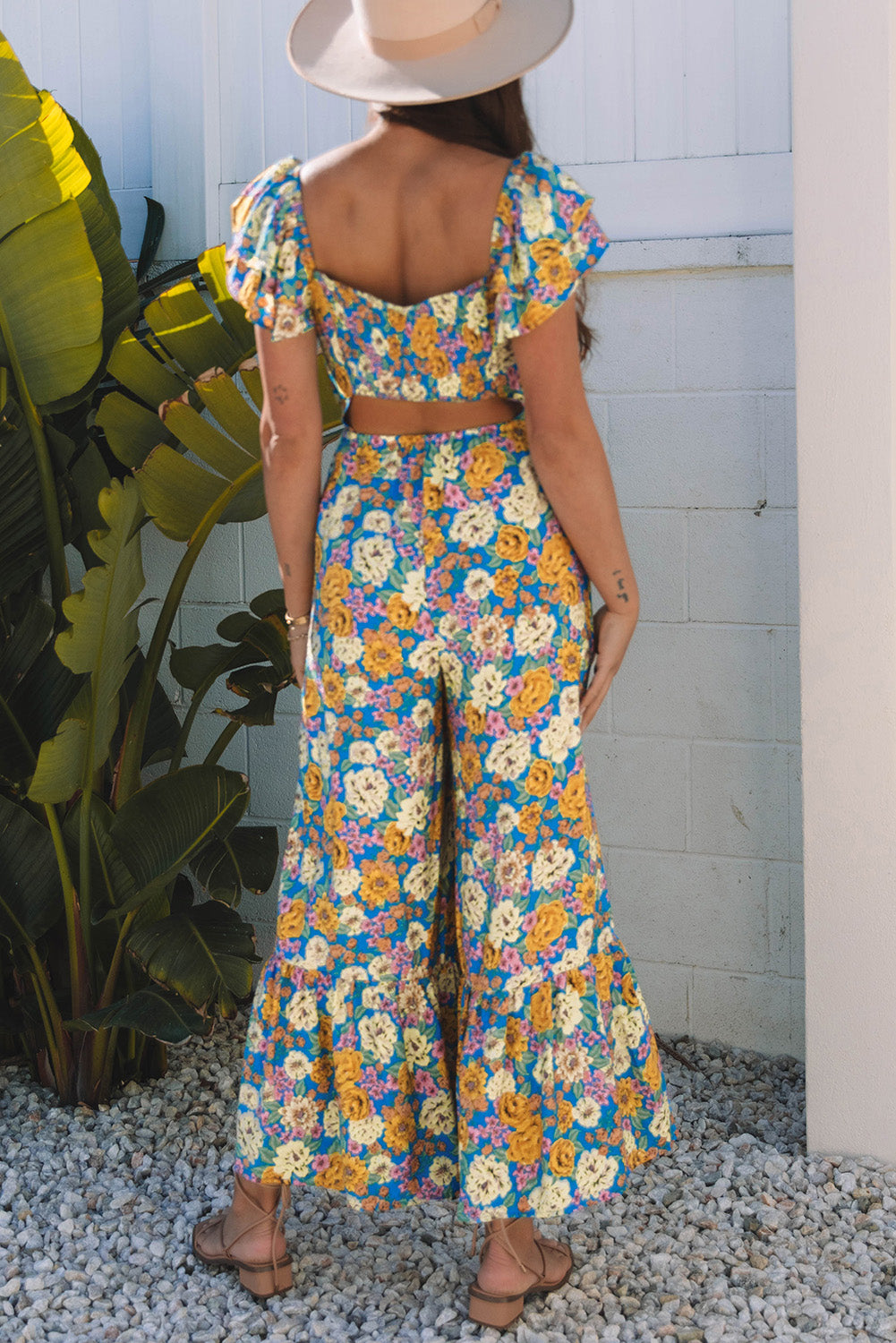 Floral Print Shirred High Waist Jumpsuit