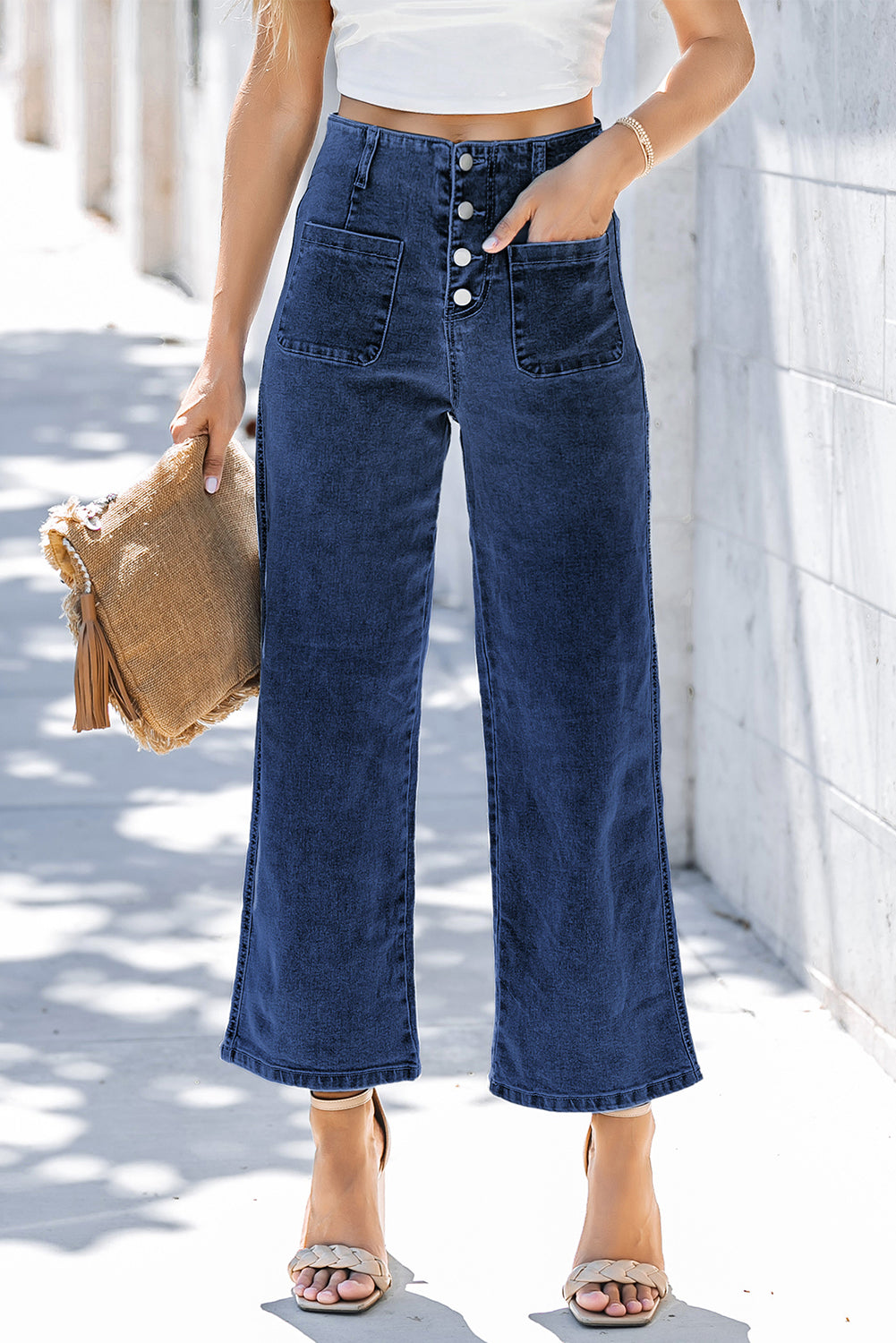 High Waist Button Front Wide Leg Cropped Jeans