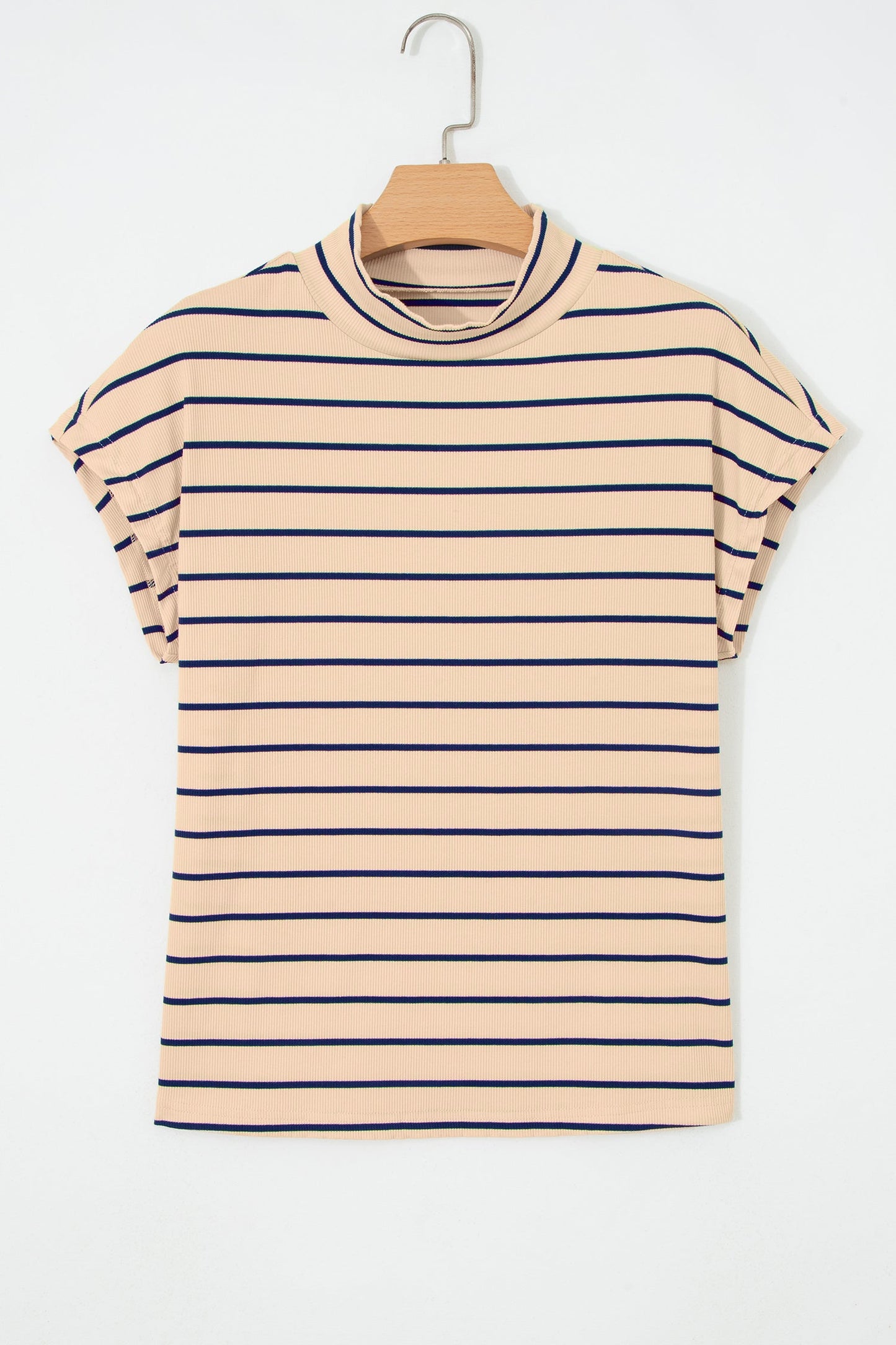 Khaki Stripe Mock Neck Short Sleeve Loose Top