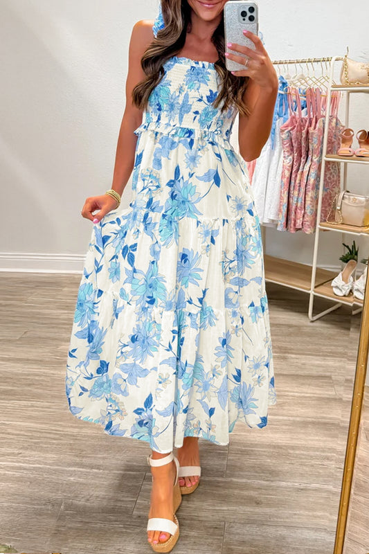 Sky Blue Ruffled Straps Smocked High Waist Floral Maxi Dress