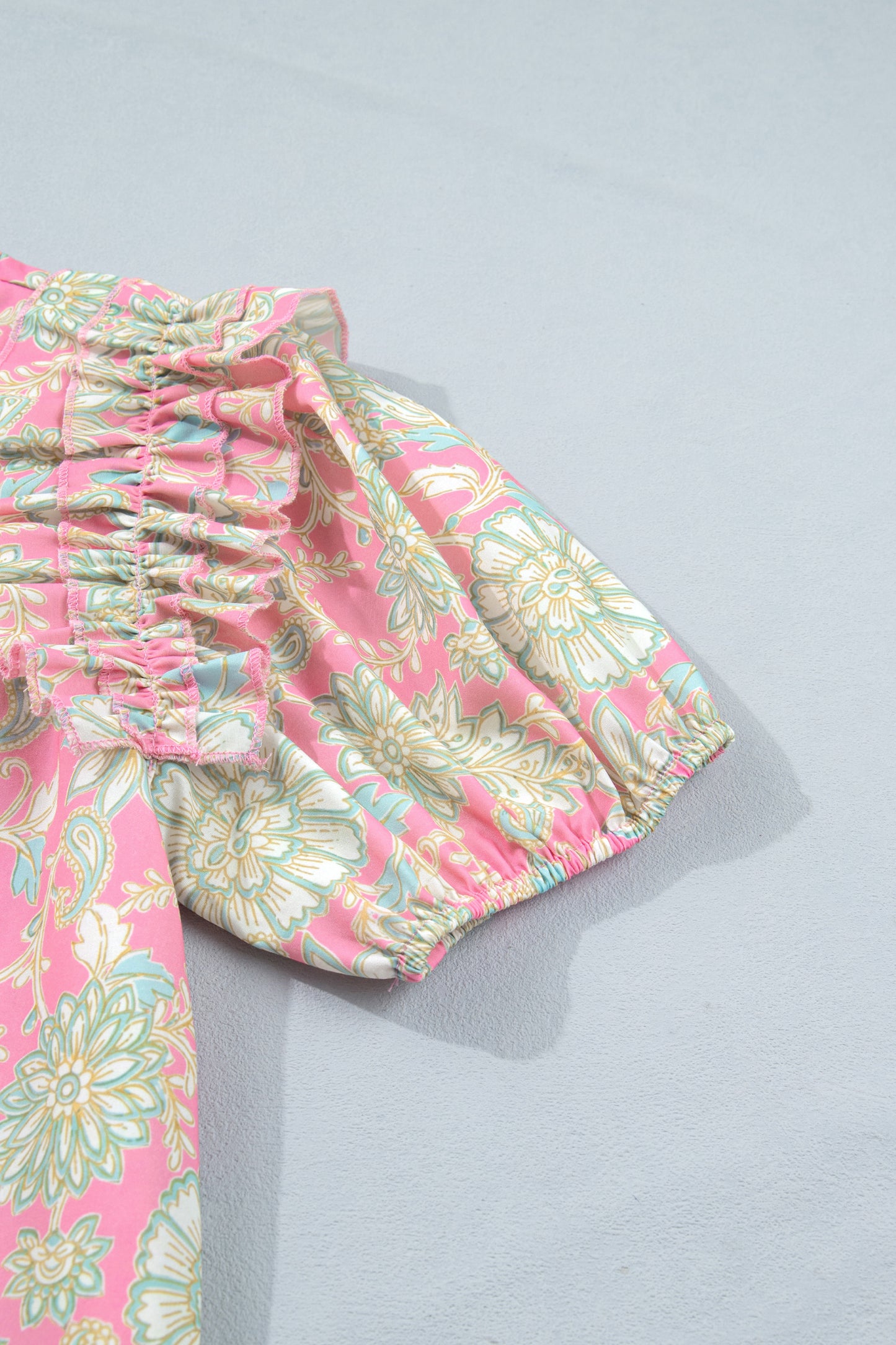 Tie V Neck Floral Short Puff Sleeve Blouse