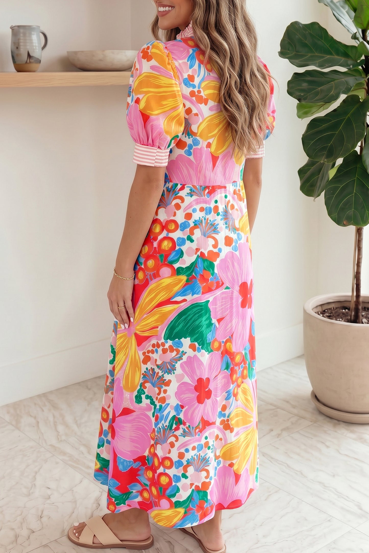 Floral Print Striped Trim Button Down Short Sleeve Vacation Dress