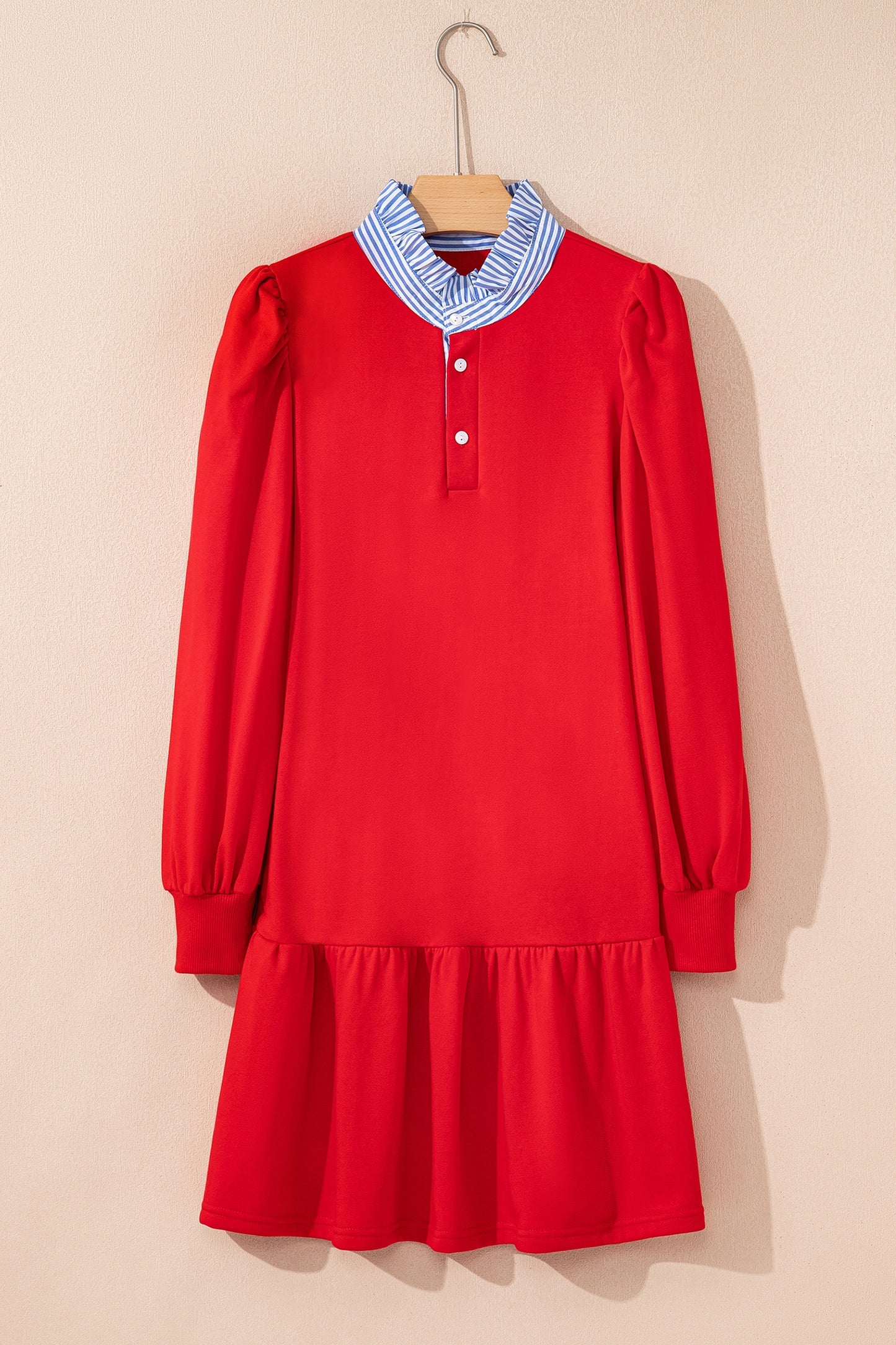 Contrast Striped Collar Patchwork Puff Sleeve Ruffle Hem Mini Dress