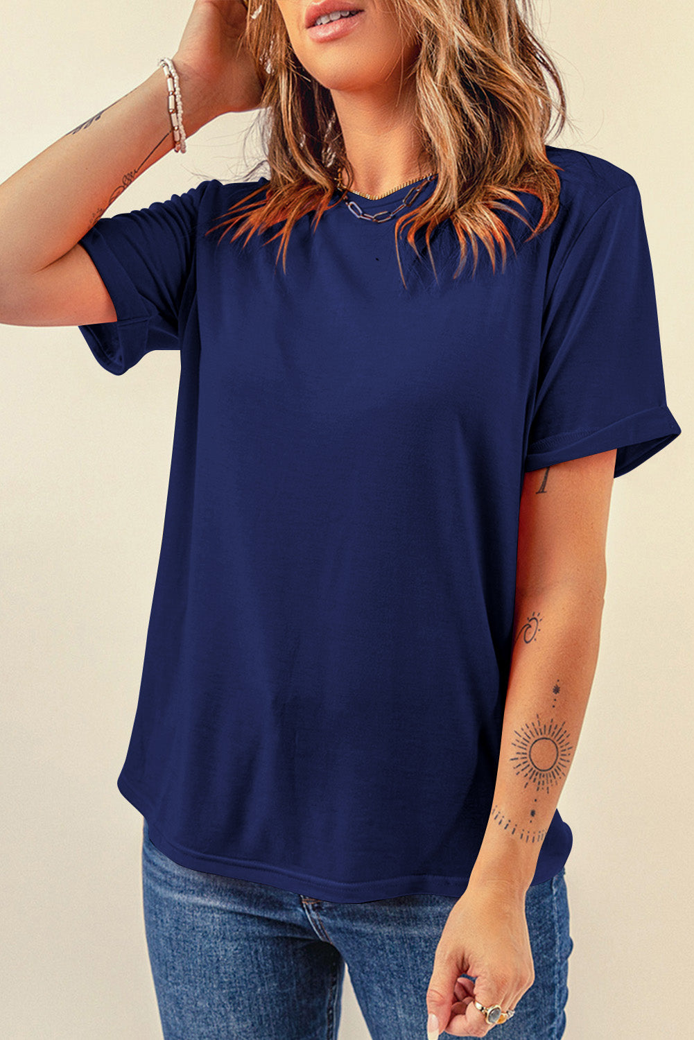 Dearlove Red Casual Plain Crew Neck Tee