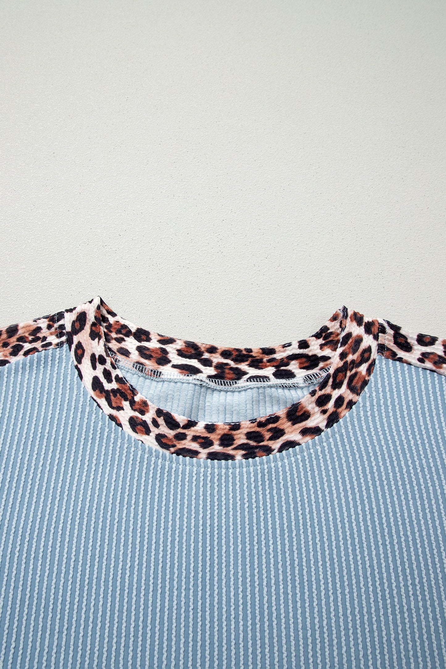 Sky Blue Leopard Trim Ribbed Short Set