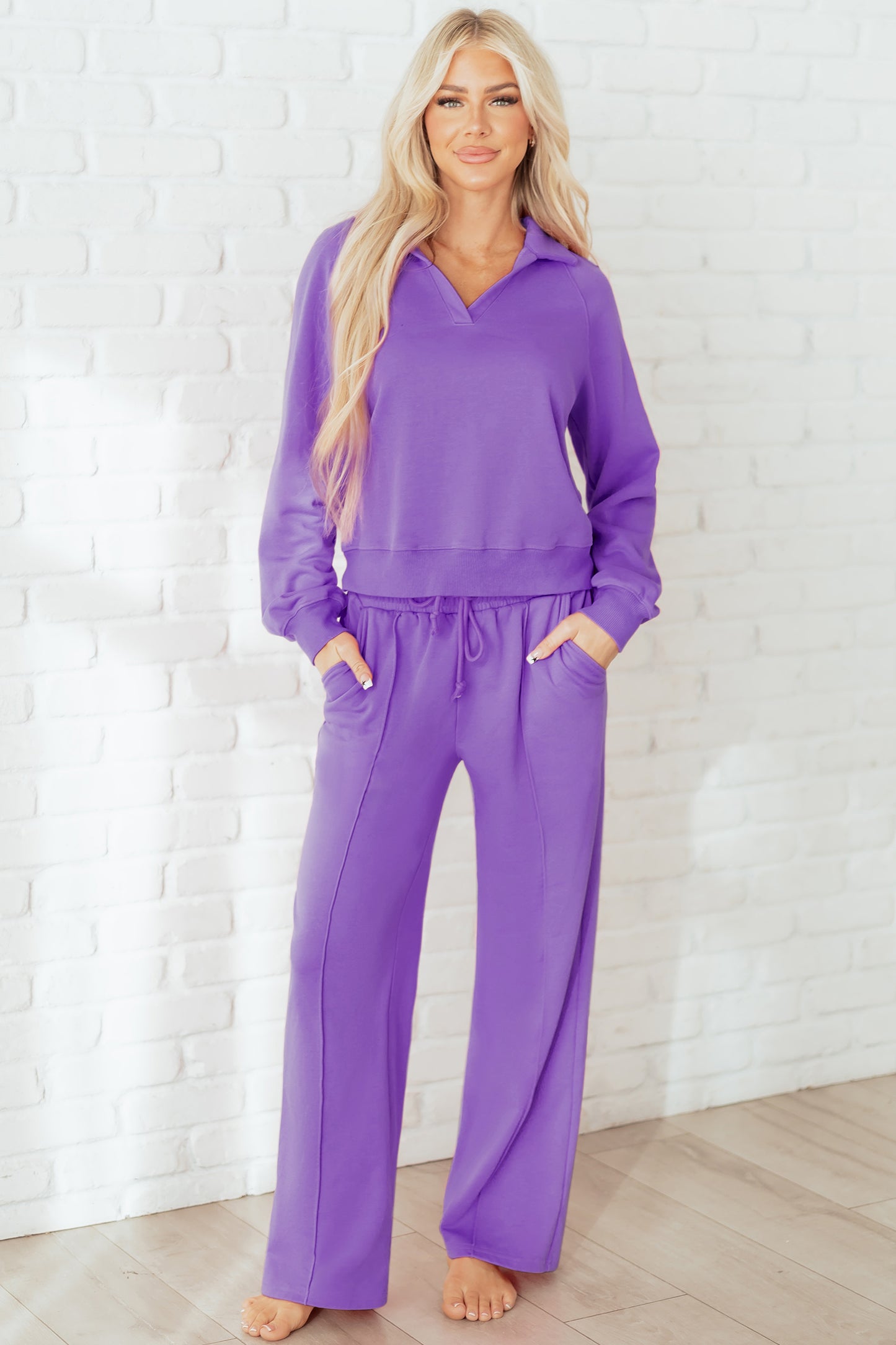 Sachet Pink Solid Color Collared Pullover and Central Seam Pants Set