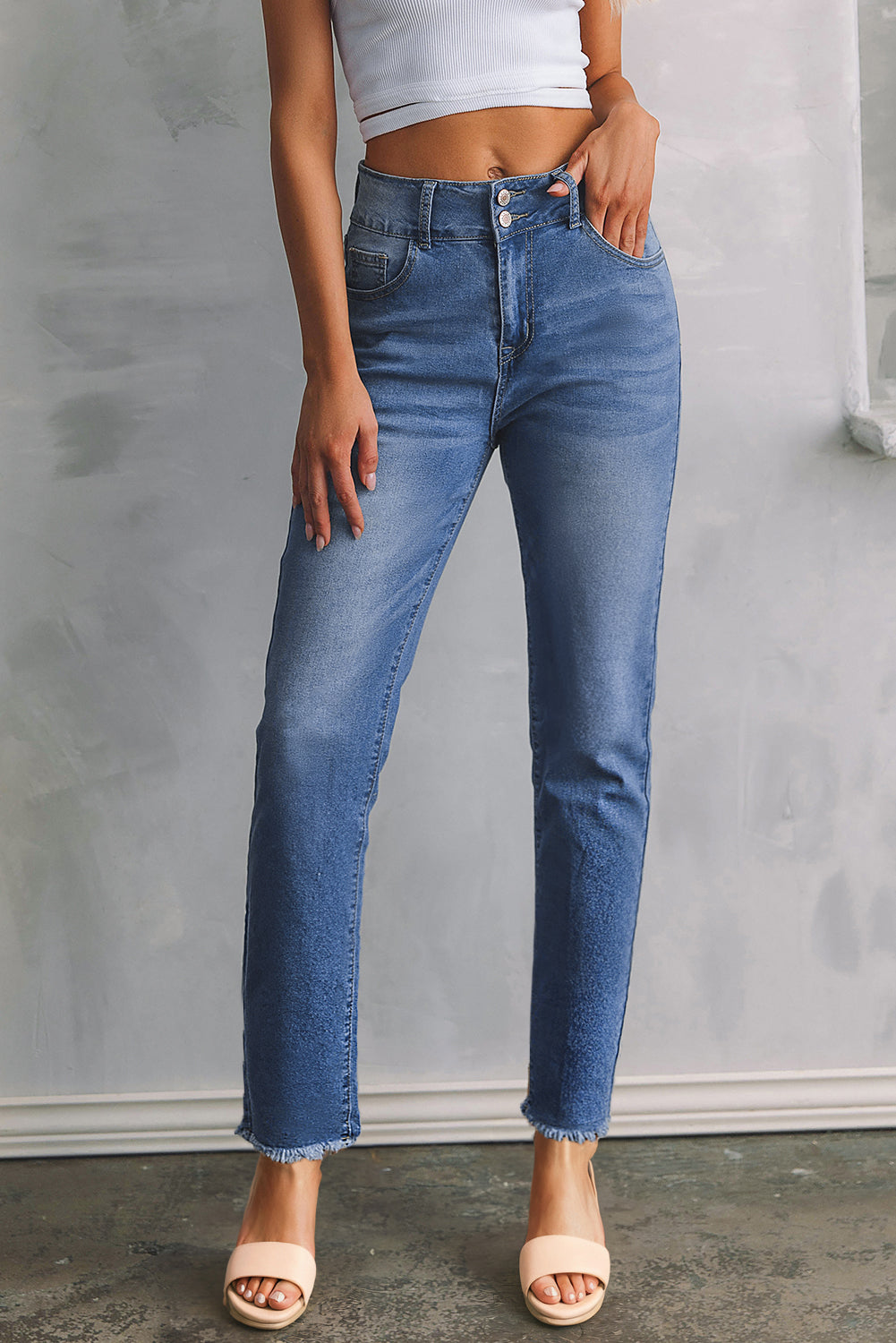 Double Button Raw Hem Slim Fit Jeans