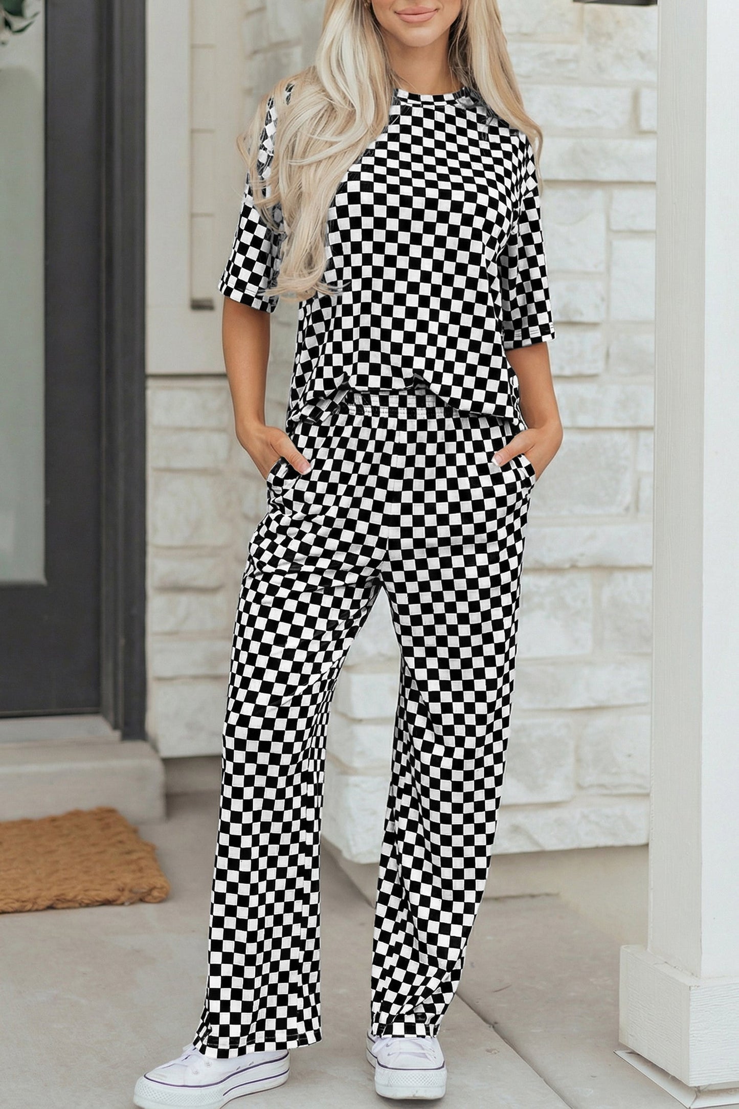 Black Checkered Print Lounge Pant Set